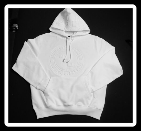 A white hoodie is shown on the black background.