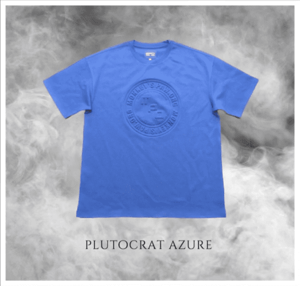 A blue t-shirt with the word plutocrat azure on it.