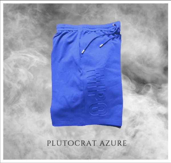 A blue shorts is shown on top of a smoke background.